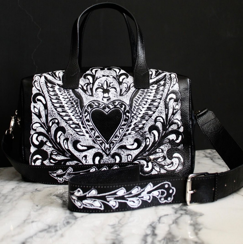 Wings and heart leather tote